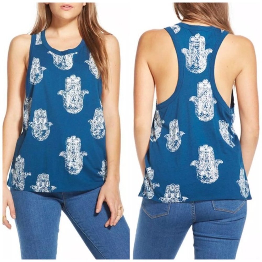 NEW Chaser Hamsa Hand Teal & White Racerback Tank Top Sz. XS